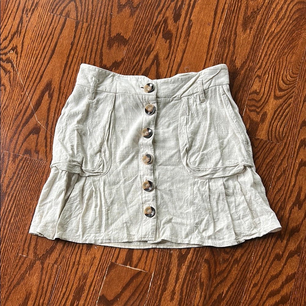ASOS Tan linen Skater Mini Skirt Ruffled Button Front like new never worn